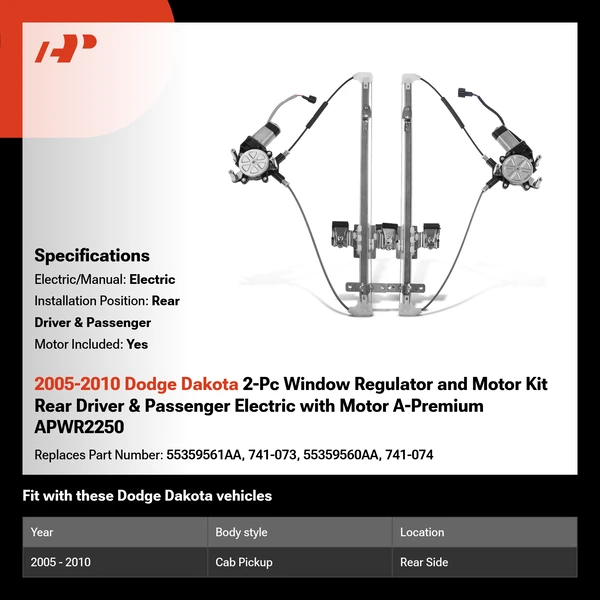 2005-2010 Dodge Dakota 2-Pc Window Regulator and Motor Kit Rear Driver & Passenger Electric with Motor A-Premium APWR2250