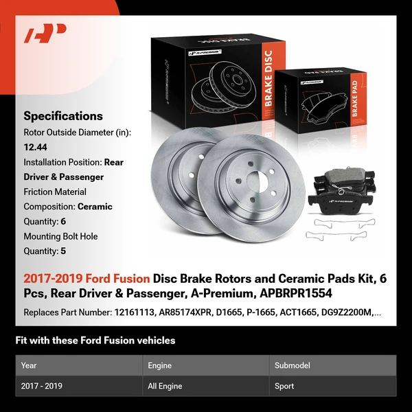 2017-2019 Ford Fusion Disc Brake Rotors and Ceramic Pads Kit, 6 Pcs, Rear Driver & Passenger, A-Premium, APBRPR1554