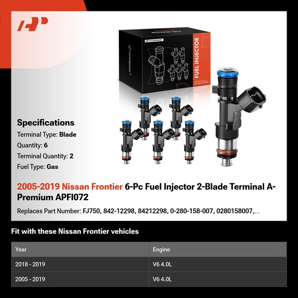 2005-2019 Nissan Frontier 6-Pc Fuel Injector 2-Blade Terminal A-Premium APFI072