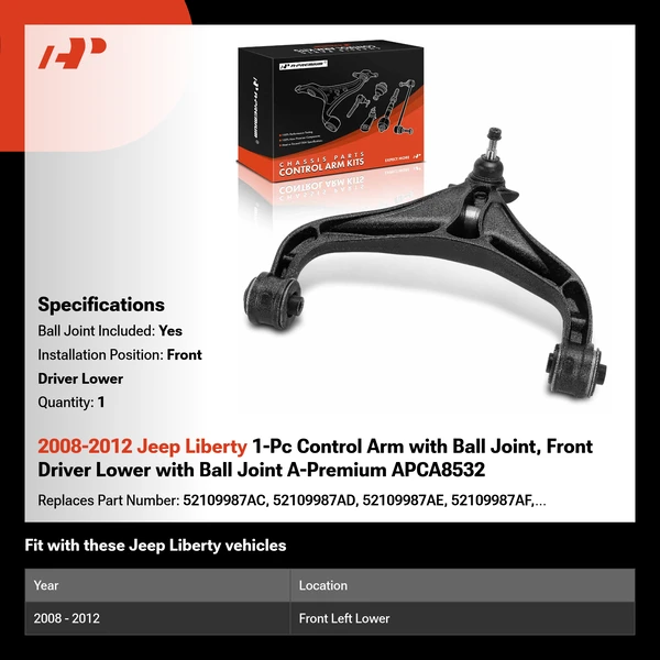 2008-2012 Jeep Liberty 1-Pc Control Arm with Ball Joint, Front Driver Lower with Ball Joint A-Premium APCA8532