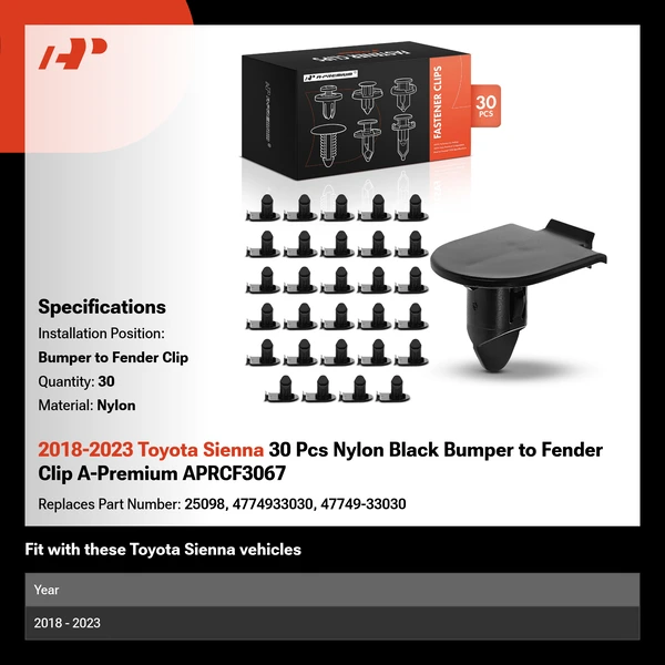 2018-2023 Toyota Sienna 30 Pcs Nylon Black Bumper to Fender Clip A-Premium APRCF3067