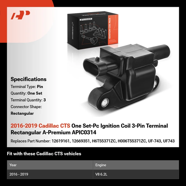 2016-2019 Cadillac CTS One Set-Pc Ignition Coil 3-Pin Terminal Rectangular A-Premium APIC0314