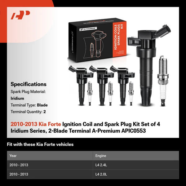 2010-2013 Kia Forte Ignition Coil and Spark Plug Kit Set of 4 Iridium Series, 2-Blade Terminal A-Premium APIC0553