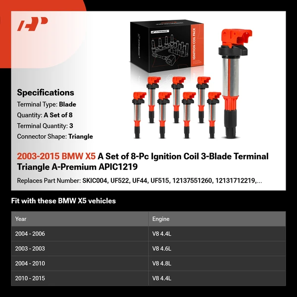 2003-2015 BMW X5 A Set of 8-Pc Ignition Coil 3-Blade Terminal Triangle A-Premium APIC1219