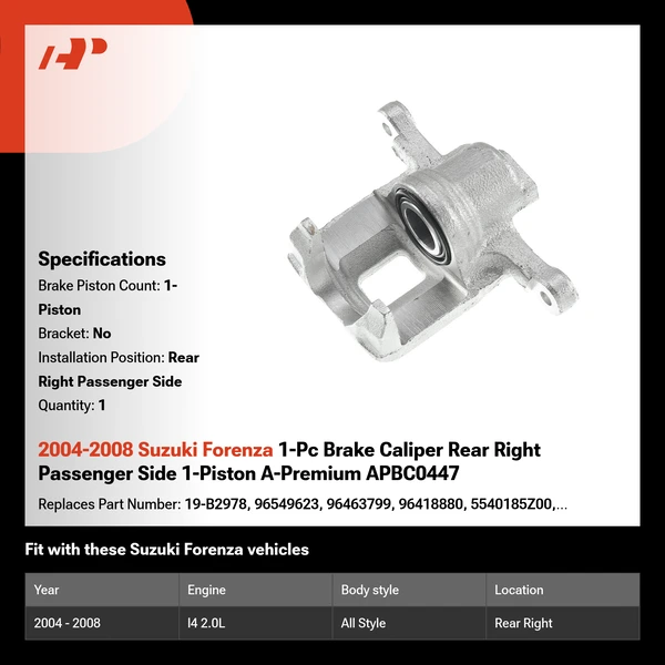 2004-2008 Suzuki Forenza 1-Pc Brake Caliper Rear Right Passenger Side 1-Piston A-Premium APBC0447