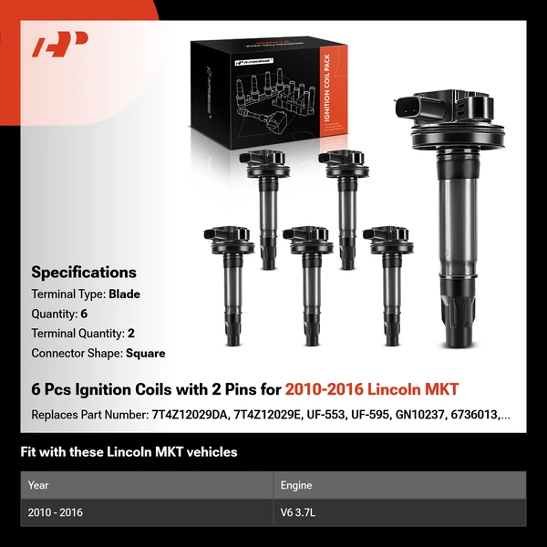 2010-2016 Lincoln MKT A Set of 6-Pc Ignition Coil 2-Pin Terminal Square A-Premium IC0053