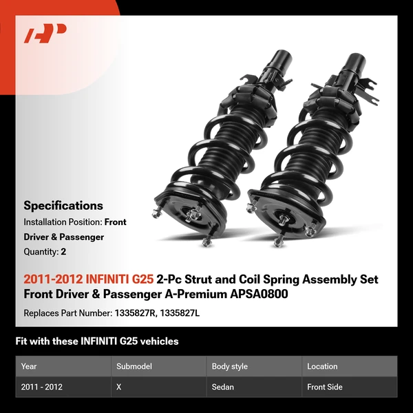 2011-2012 INFINITI G25 2-Pc Strut and Coil Spring Assembly Set Front Driver & Passenger A-Premium APSA0800