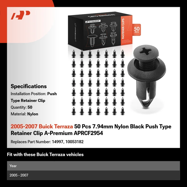 2005-2007 Buick Terraza 50 Pcs 7.94mm Nylon Black Push Type Retainer Clip A-Premium APRCF2954