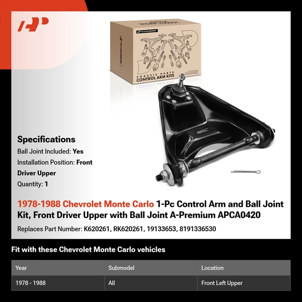 1978-1988 Chevrolet Monte Carlo 1-Pc Control Arm and Ball Joint Kit, Front Driver Upper with Ball Joint A-Premium APCA0420