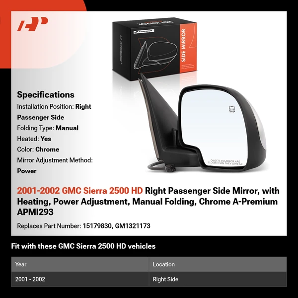 2001-2002 GMC Sierra 2500 HD Right Passenger Side Mirror, with Heating, Power Adjustment, Manual Folding, Chrome A-Premium APMI293