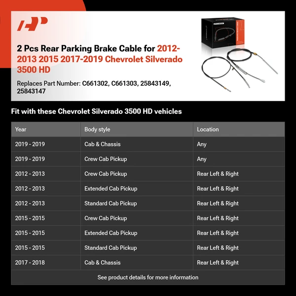 2 Pcs Rear Parking Brake Cable for 2012-2013 2015 2017-2019 Chevrolet Silverado 3500 HD