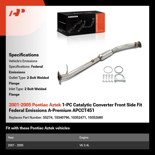 2001-2005 Pontiac Aztek 1-PC Catalytic Converter Front Side Fit Federal Emissions A-Premium APCCT451