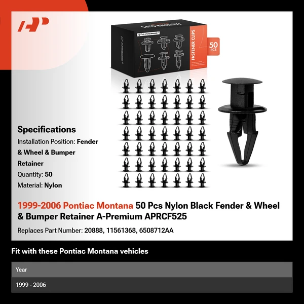 1999-2006 Pontiac Montana 50 Pcs Nylon Black Fender & Wheel & Bumper Retainer A-Premium APRCF525