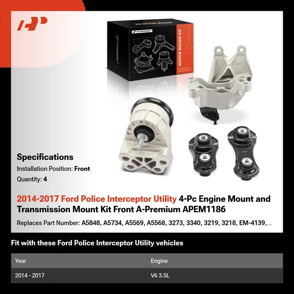 2014-2017 Ford Police Interceptor Utility 4-Pc Engine Mount and Transmission Mount Kit Front A-Premium APEM1186