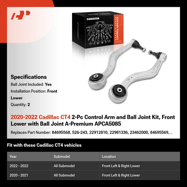2020-2022 Cadillac CT4 2-Pc Control Arm and Ball Joint Kit, Front Lower with Ball Joint A-Premium APCA5085