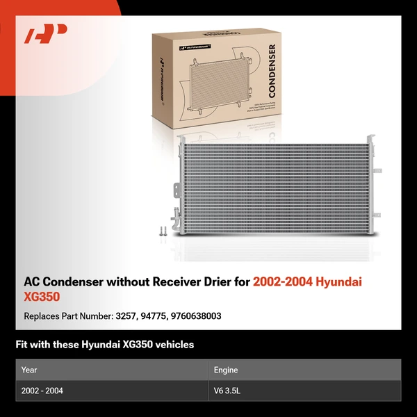 AC Condenser without Receiver Drier for 2002-2004 Hyundai XG350