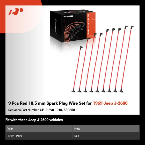 9 Pcs Red 10.5 mm Spark Plug Wire Set for 1969 Jeep J-2600