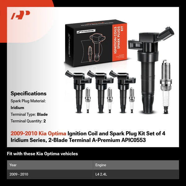 2009-2010 Kia Optima Ignition Coil and Spark Plug Kit Set of 4 Iridium Series, 2-Blade Terminal A-Premium APIC0553