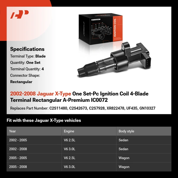 2002-2008 Jaguar X-Type One Set-Pc Ignition Coil 4-Blade Terminal Rectangular A-Premium IC0072