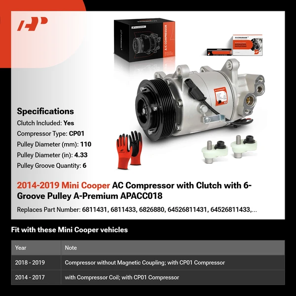 2014-2019 Mini Cooper AC Compressor with Clutch with 6-Groove Pulley A-Premium APACC018