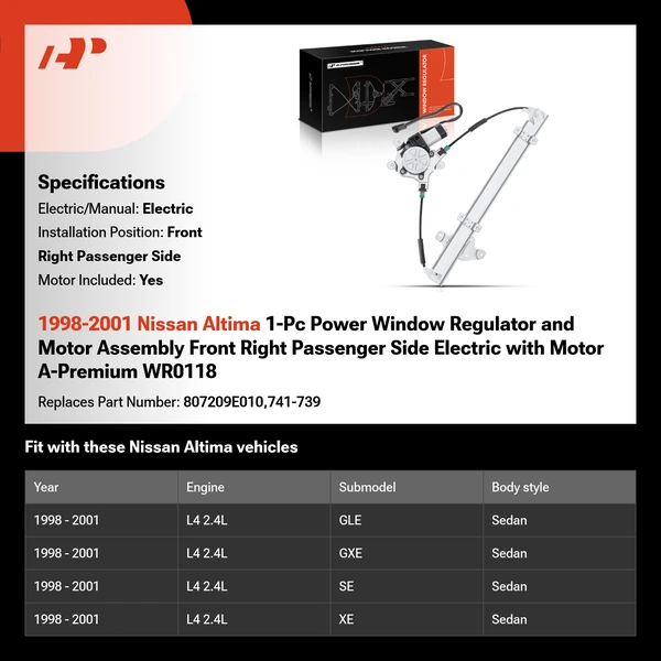 1998-2001 Nissan Altima 1-Pc Power Window Regulator and Motor Assembly Front Right Passenger Side Electric with Motor A-Premium WR0118