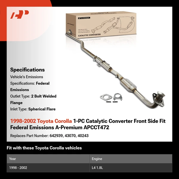 1998-2002 Toyota Corolla 1-PC Catalytic Converter Front Side Fit Federal Emissions A-Premium APCCT472