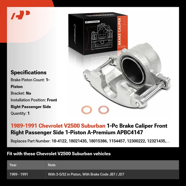 1989-1991 Chevrolet V2500 Suburban 1-Pc Brake Caliper Front Right Passenger Side 1-Piston A-Premium APBC4147