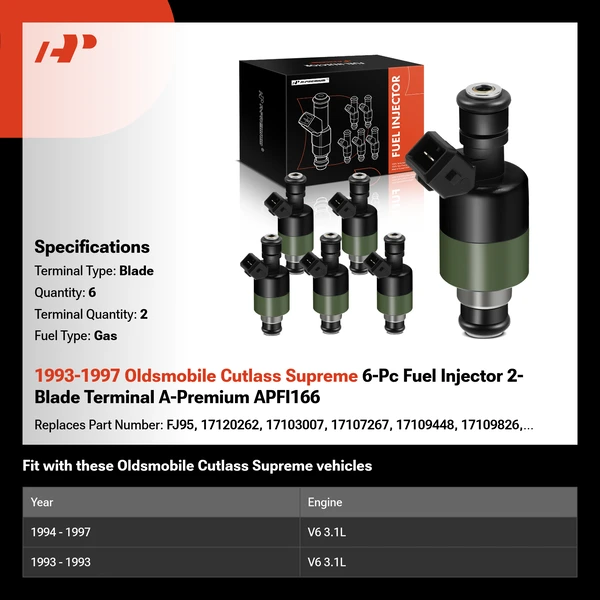 1993-1997 Oldsmobile Cutlass Supreme 6-Pc Fuel Injector 2-Blade Terminal A-Premium APFI166
