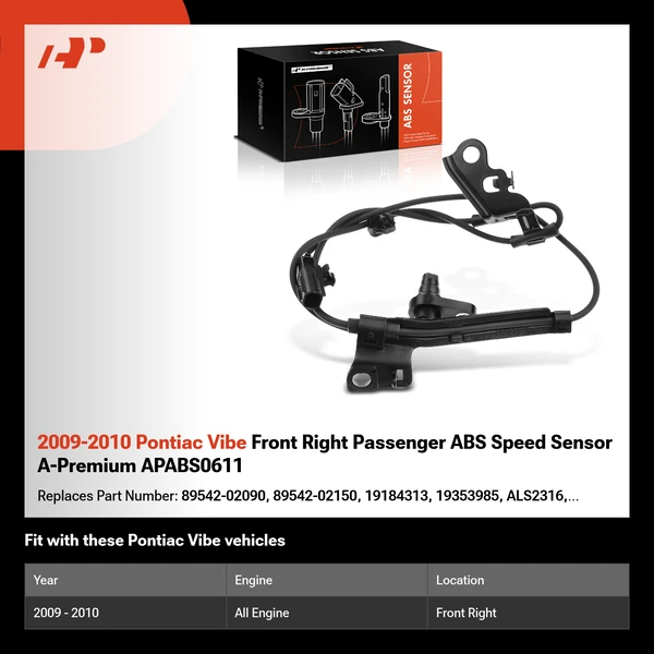 2009-2010 Pontiac Vibe Front Right Passenger ABS Speed Sensor A-Premium APABS0611