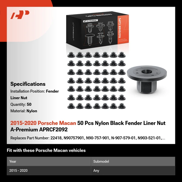 2015-2020 Porsche Macan 50 Pcs Nylon Black Fender Liner Nut A-Premium APRCF2092