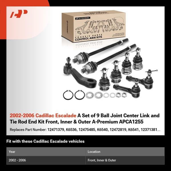 2002-2006 Cadillac Escalade A Set of 9 Ball Joint Center Link and Tie Rod End Kit Front, Inner & Outer A-Premium APCA1255