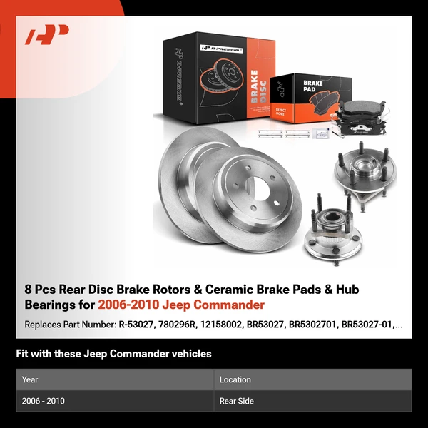 8 Pcs Rear Disc Brake Rotors & Ceramic Brake Pads & Hub Bearings for 2006-2010 Jeep Commander
