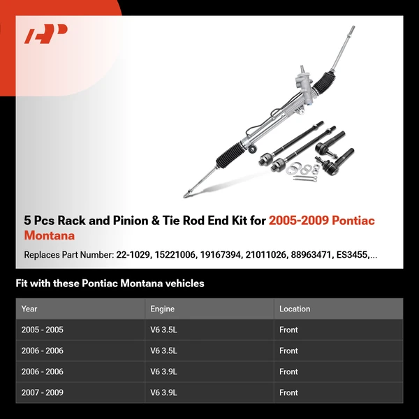 5 Pcs Rack and Pinion & Tie Rod End Kit for 2005-2009 Pontiac Montana