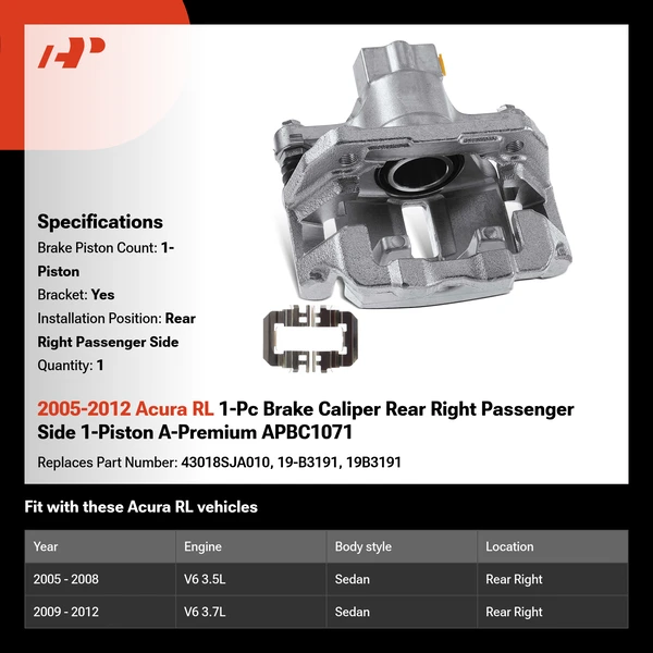 2005-2012 Acura RL 1-Pc Brake Caliper Rear Right Passenger Side 1-Piston A-Premium APBC1071