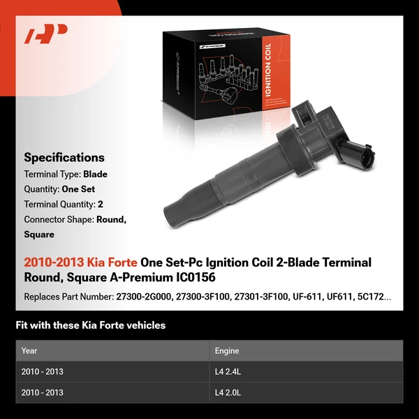 2010-2013 Kia Forte One Set-Pc Ignition Coil 2-Blade Terminal Round, Square A-Premium IC0156