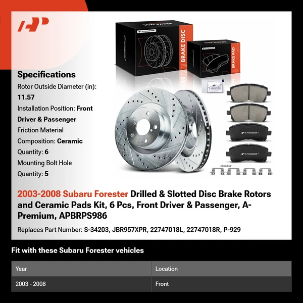 2003-2008 Subaru Forester Drilled & Slotted Disc Brake Rotors and Ceramic Pads Kit, 6 Pcs, Front Driver & Passenger, A-Premium, APBRPS986
