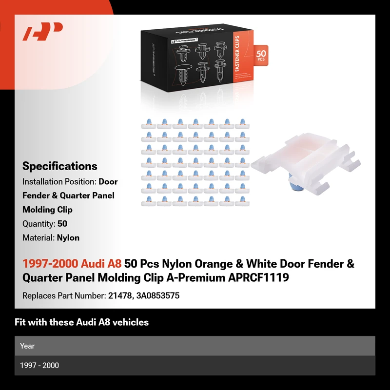 1997-2000 Audi A8 50 Pcs Nylon Orange & White Door Fender & Quarter Panel Molding Clip A-Premium APRCF1119