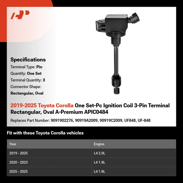 2019-2025 Toyota Corolla One Set-Pc Ignition Coil 3-Pin Terminal Rectangular, Oval A-Premium APIC0484