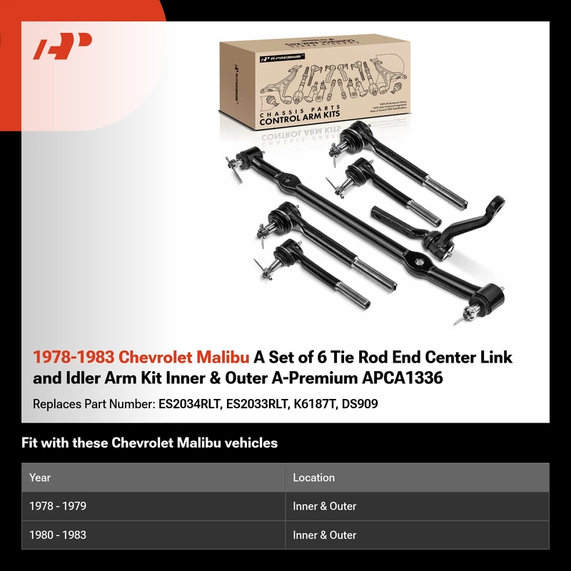 1978-1983 Chevrolet Malibu A Set of 6 Tie Rod End Center Link and Idler Arm Kit Inner & Outer A-Premium APCA1336