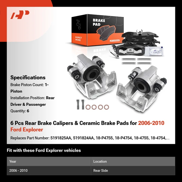 6 Pcs Rear Brake Calipers & Ceramic Brake Pads for 2006-2010 Ford Explorer
