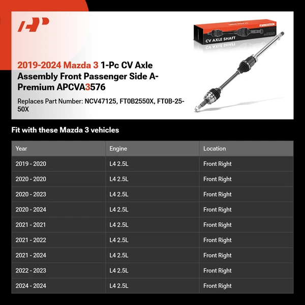 2019-2024 Mazda 3 1-Pc CV Axle Assembly Front Passenger Side A-Premium APCVA3576