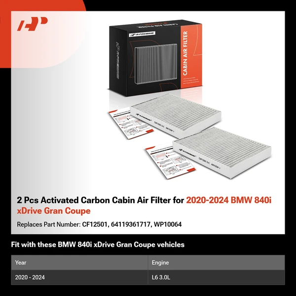 2 Pcs Activated Carbon Cabin Air Filter for 2020-2024 BMW 840i xDrive Gran Coupe