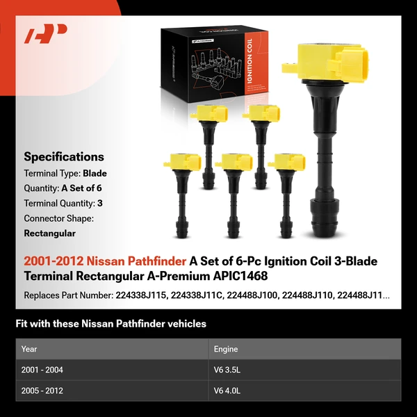 2001-2012 Nissan Pathfinder A Set of 6-Pc Ignition Coil 3-Blade Terminal Rectangular A-Premium APIC1468