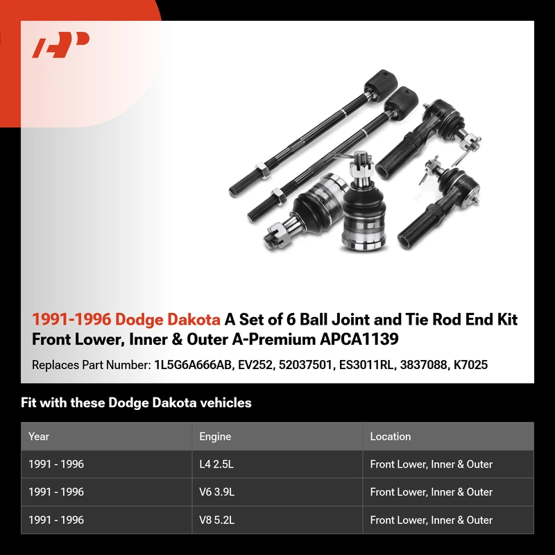 1991-1996 Dodge Dakota A Set of 6 Ball Joint and Tie Rod End Kit Front Lower, Inner & Outer A-Premium APCA1139