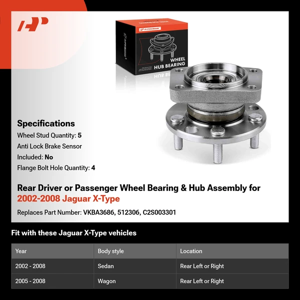 Rear Driver or Passenger Wheel Bearing & Hub Assembly for 2002-2008 Jaguar X-Type
