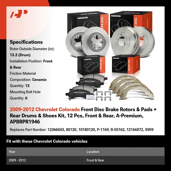 2009-2012 Chevrolet Colorado Front Disc Brake Rotors & Pads + Rear Drums & Shoes Kit, 12 Pcs, Front & Rear, A-Premium, APBRPR1946