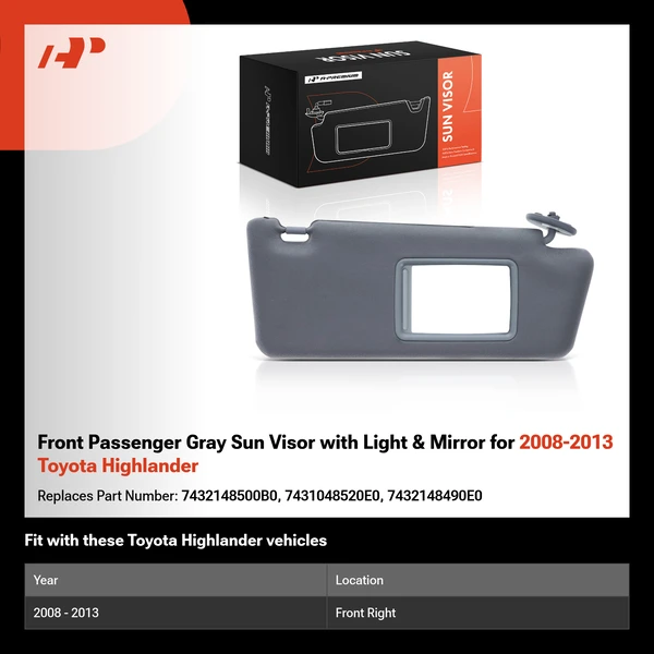 Front Passenger Gray Sun Visor with Light & Mirror for 2008-2013 Toyota Highlander