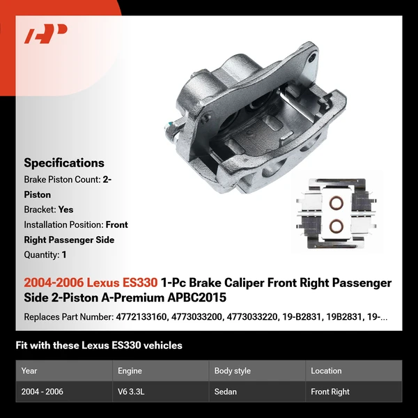 2004-2006 Lexus ES330 1-Pc Brake Caliper Front Right Passenger Side 2-Piston A-Premium APBC2015
