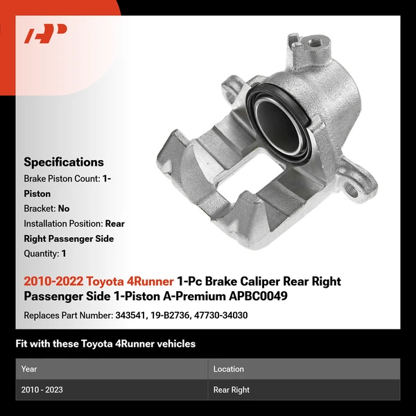 2010-2022 Toyota 4Runner 1-Pc Brake Caliper Rear Right Passenger Side 1-Piston A-Premium APBC0049