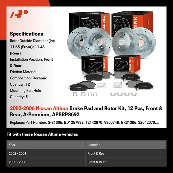 2002-2006 Nissan Altima Brake Pad and Rotor Kit, 12 Pcs, Front & Rear, A-Premium, APBRPS692